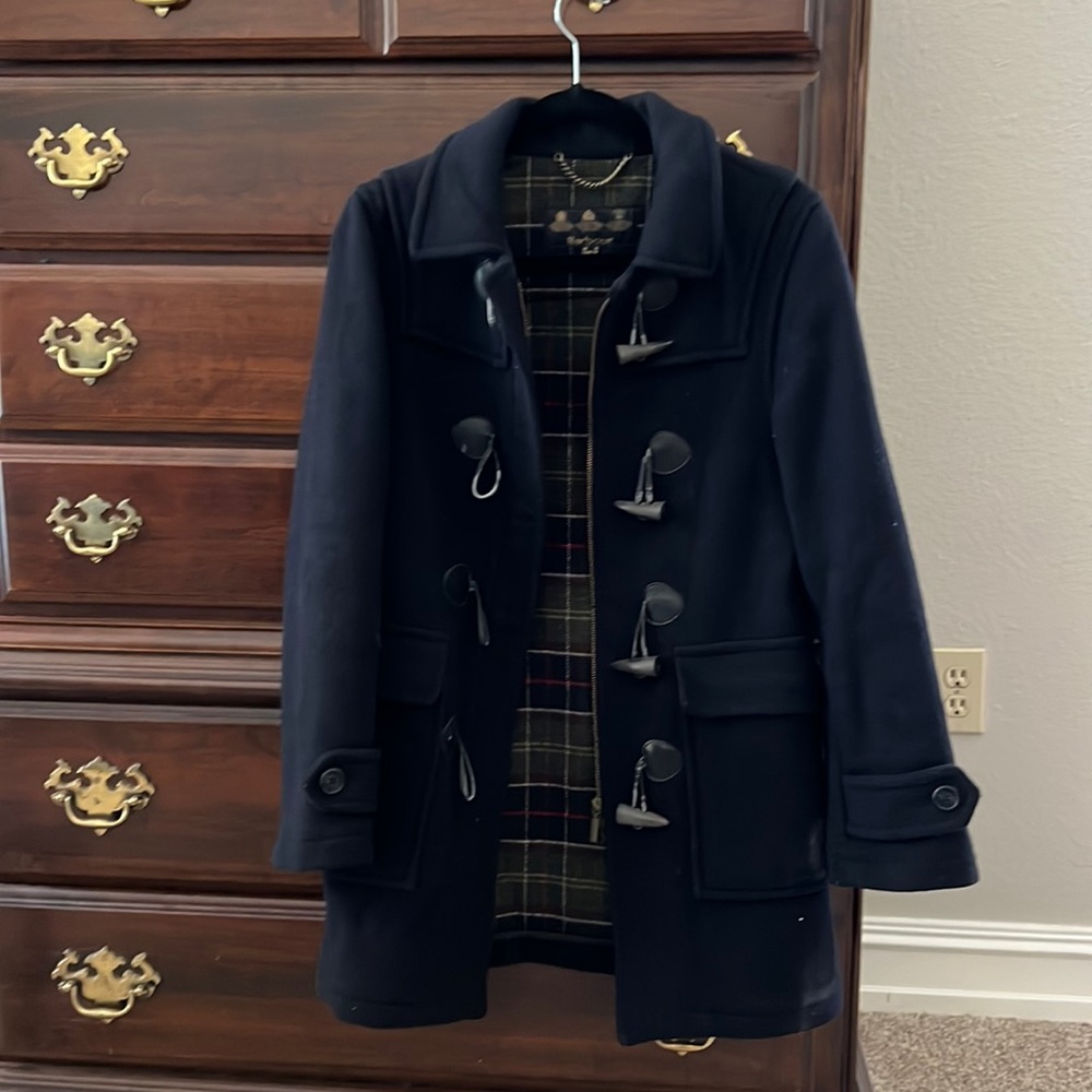Barbour Navy Wool Toggle Coat with Tartan Lining